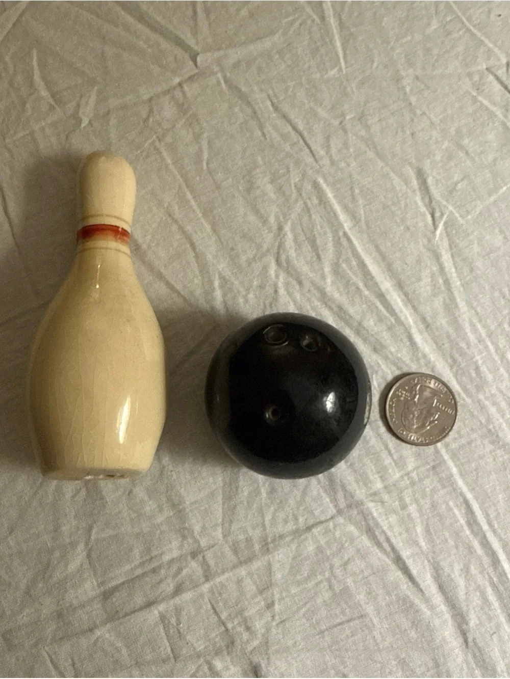 Vintage Ceramic Bowling Pin and Mini Black Bowling Ball Salt and Pepper Shakers